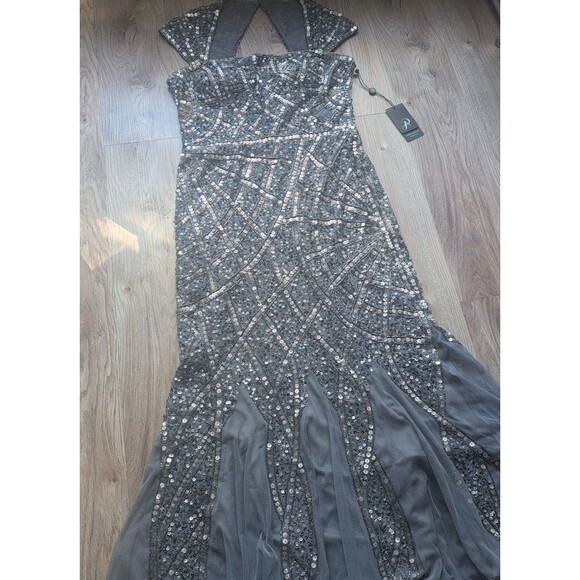 Adrianna Papell Long Beaded Mesh Dress Womens 10 Sterling Grey Silver $298 - Picture 4 of 14